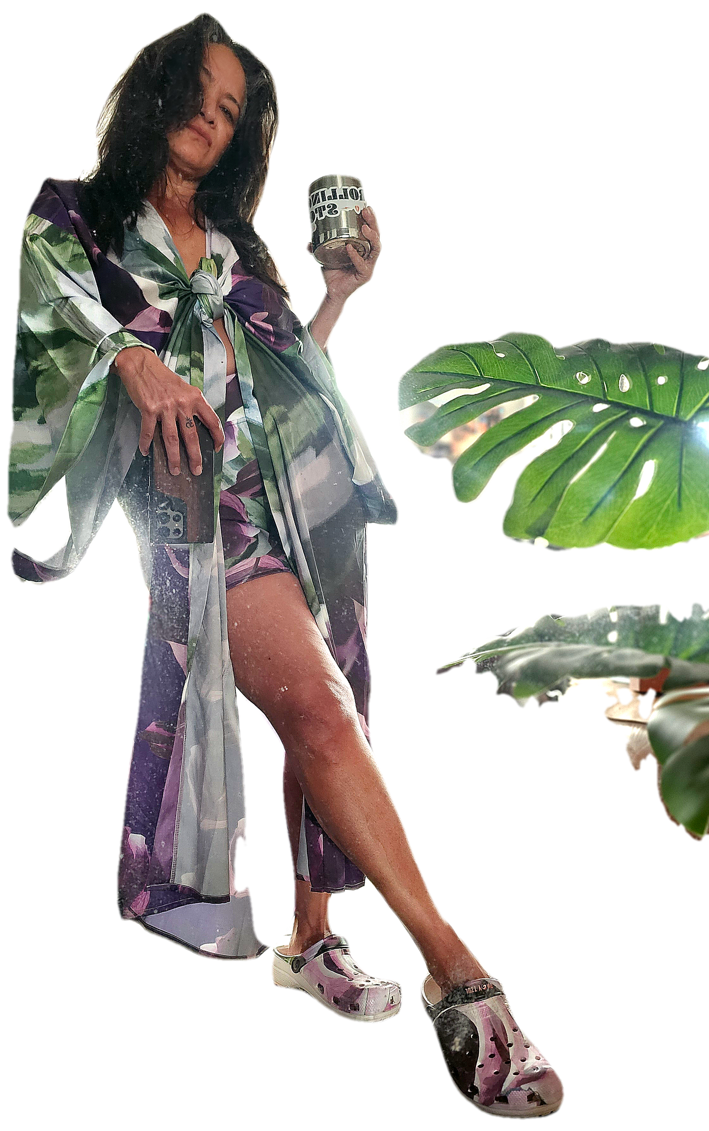 White Fusion Calathea Long Satin Robe