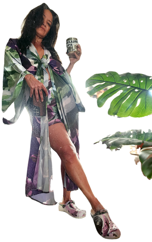 White Fusion Calathea Long Satin Robe