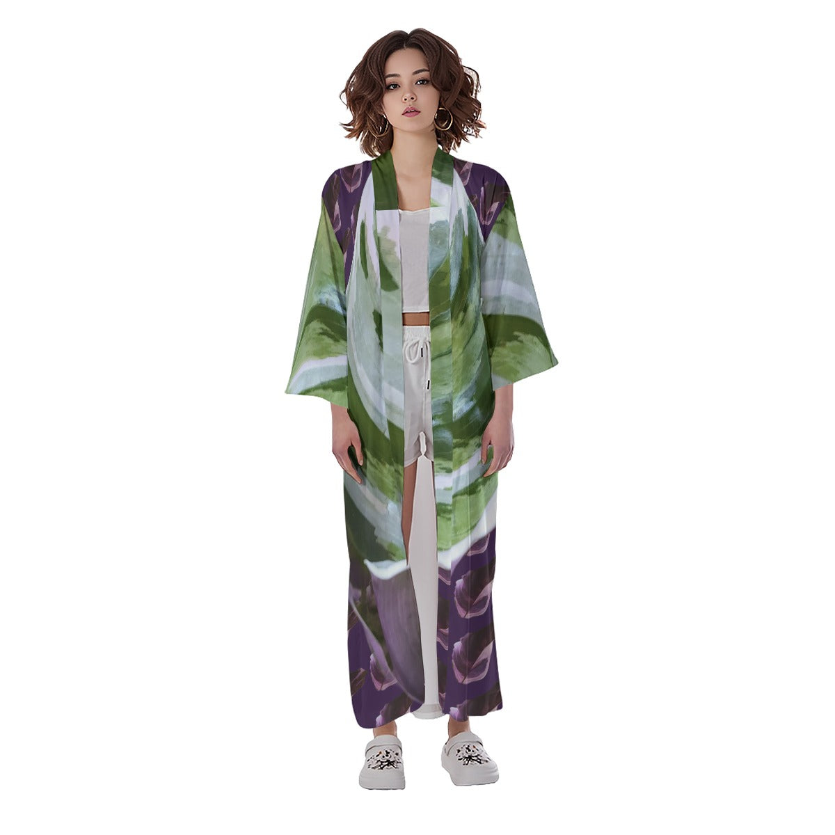 White Fusion Calathea Long Satin Robe