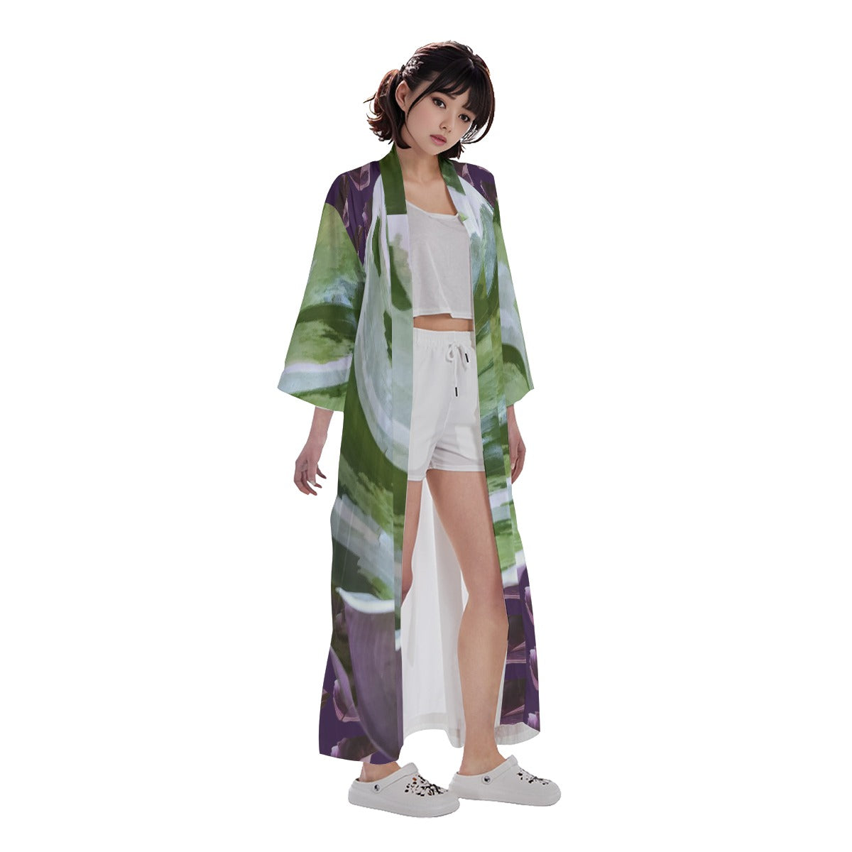 White Fusion Calathea Long Satin Robe