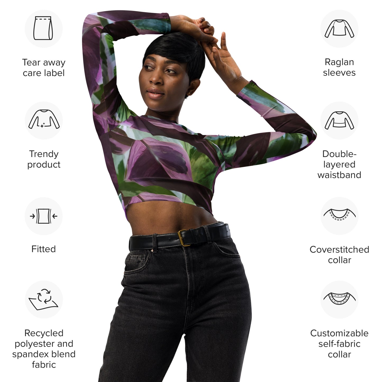 White Fusion Calathea Recycled long-sleeve crop top