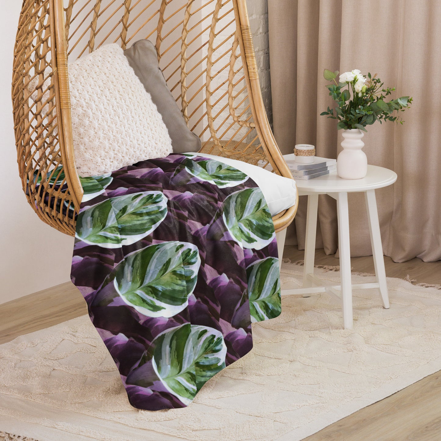 White Fusion Calathea Sherpa blanket